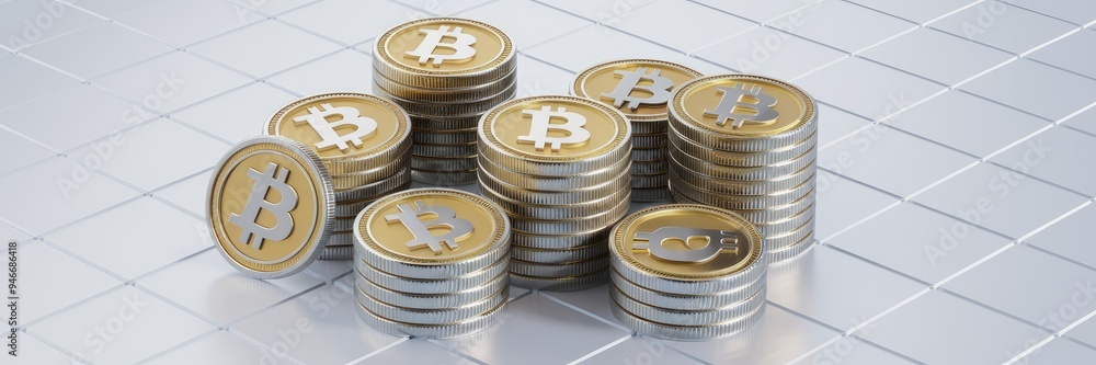 Poster bitcoin cryptocurrency representation featuring multiple stacks of coins set against a white and tra