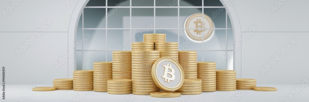 Poster bitcoin cryptocurrency representation featuring multiple stacks of coins set against a white and tra