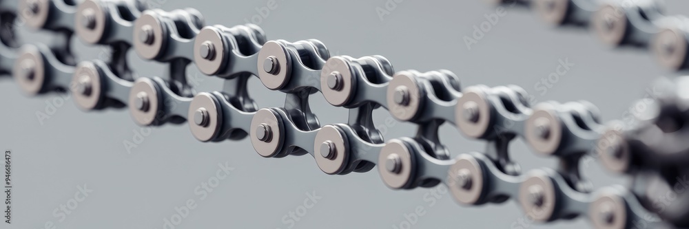 Poster close-up of individual bicycle chain links and pins on a gray background, highlighting their intrica