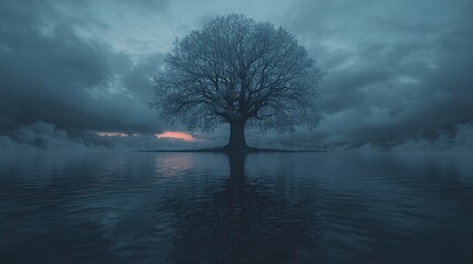   A solitary tree in a tranquil pond, surrounded by a backdrop of cloud-filled skies and a fiery orange sun on the horizon