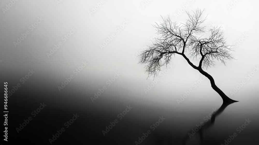 Poster a monochromatic image of a solitary tree standing in a hazy environment with its mirrored representa