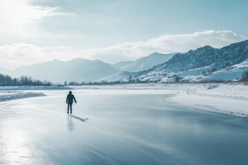 Individual skating on a frozen lake surrounded by mountains during a bright winter day