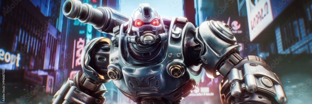 Poster dynamic 3d illustration of a mechanical enforcer in a striking front view