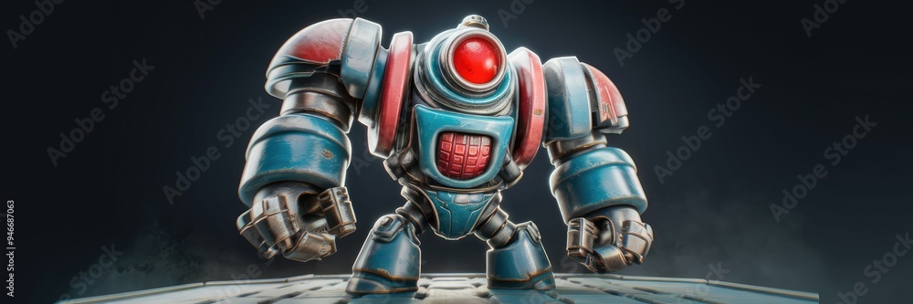 Poster dynamic 3d illustration of a mechanical enforcer in a striking front view