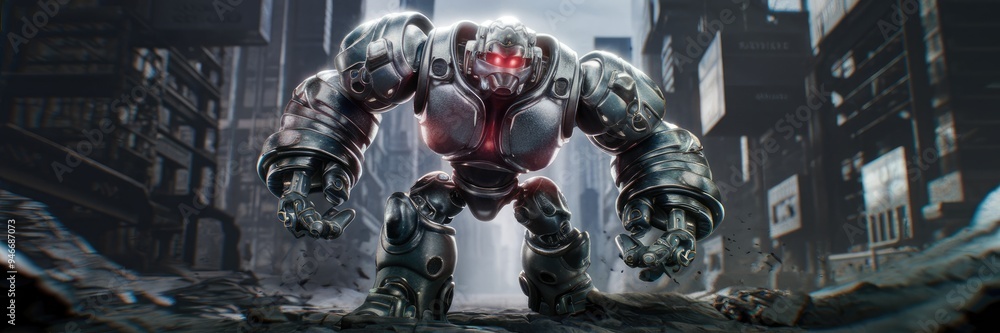 Aufkleber dynamic 3d illustration of a mechanical enforcer in a striking front view