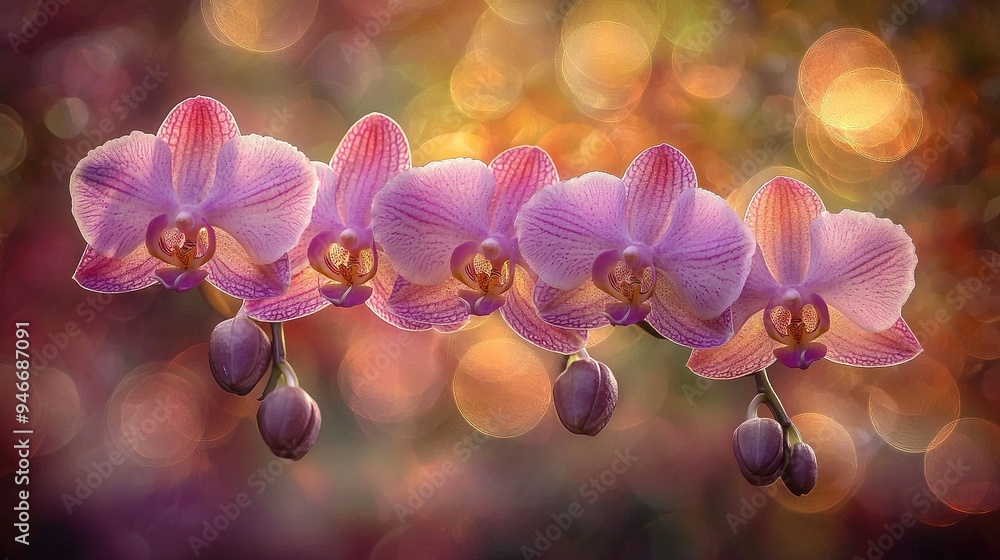 Poster a close-up of flowers on a branch with blurred lights in the background and an out-of-focus backgrou