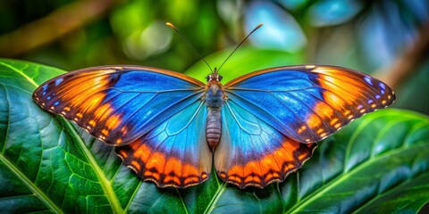 A Close-up of a Vibrant Butterfly with Blue, Orange, and Black Wings Resting on a Green Leaf, butterfly , wings, nature