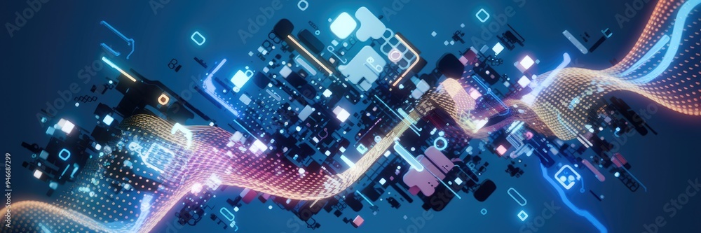 Poster dynamic abstract background of digital particles and light waves, showcasing a cyber technology them