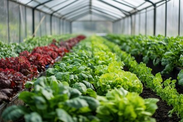Rows of fresh vegetables growing in a greenhouse