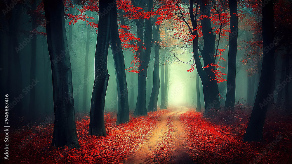 Poster a road in a forest with red leaves on trees and a light at the end