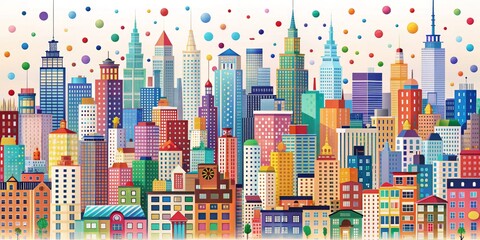 Obraz premium A Colorful Cityscape with Floating Balloons, Digital Illustration, Buildings, City, Sky, Architecture, Balloons