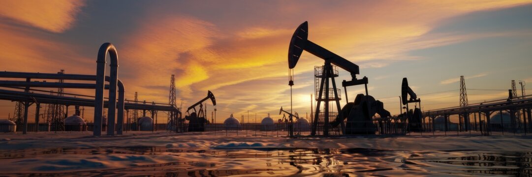 Expansive industrial landscape beneath a striking orange sky, featuring prominent pipes and oil pump jacks that showcase the vital components of energy infrastructure.