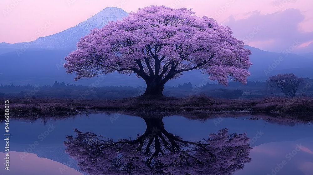 Aufkleber a tree by a lake with mountains reflected in its mirror-like surface