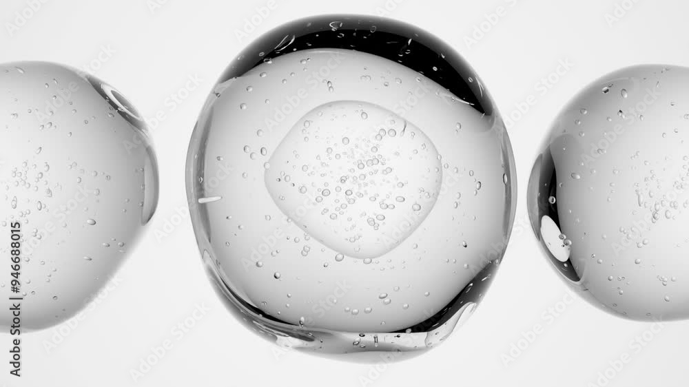 Poster abstract 3d animation of transparent cells with air bubbles inside rotating around on a white backgr