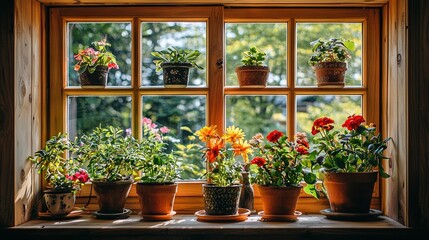 Fototapeta premium A group of potted plants sits on a window sill, in front of a sill filled with more potted plants