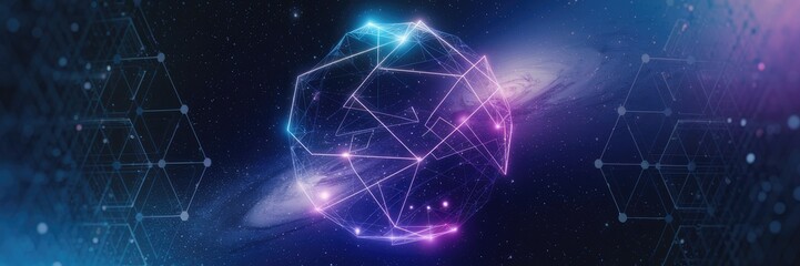 Fototapeta premium Futuristic abstract glowing neon sphere composed of lines and dots in a cosmic backdrop. Contemporary technology theme highlighting internet connectivity and cybersecurity