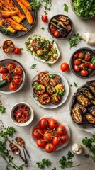 A stunning display of grilled and stuffed vegetables alongside fresh tomatoes and herbs, inviting a healthy culinary experience