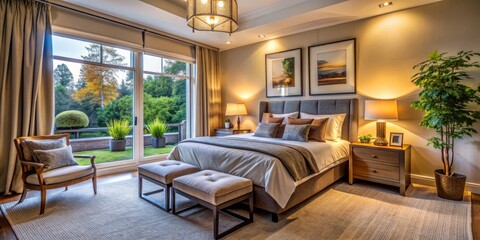 Fototapeta premium A Luxurious Bedroom with a View, Featuring a Plush Bed, Cozy Armchair and Stylish Ottomans, Bedroom Interior Design, Luxury Bedroom, Home Decor