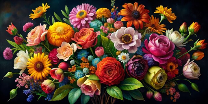 A Lush Bouquet of Colorful Flowers with a Dark Background, oil painting, roses, sunflowers, daisies, flowers, nature