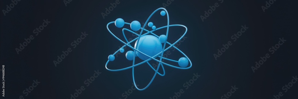 Poster glowing blue atom molecule isolated in a dark background - 3d rendering