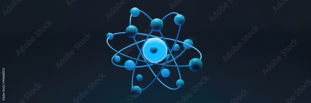 Poster glowing blue atom molecule isolated in a dark background - 3d rendering