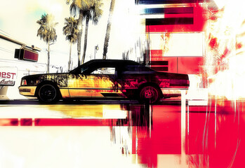 Abstract Urban Car Art with Palm Trees and Bold Colors