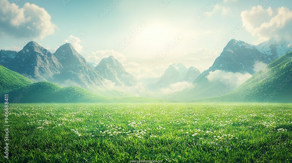 Poster a field with grass and flowers in the foreground and a majestic mountain range with wispy clouds in 