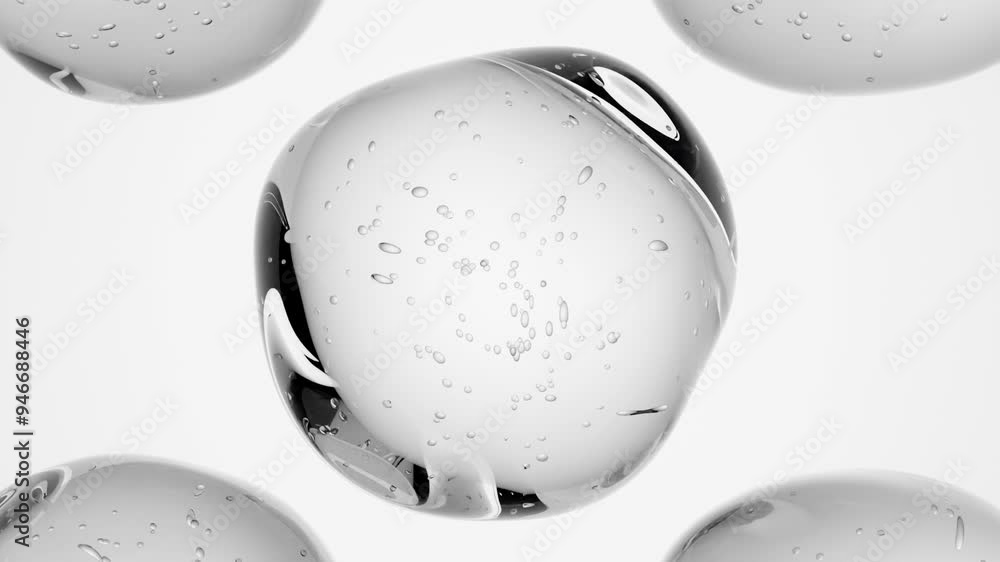 Poster abstract 3d animation for science and cosmetics motion design. transparent liquid drops with little 