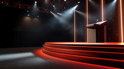 A podium and stand set up on a stage for an important announcement