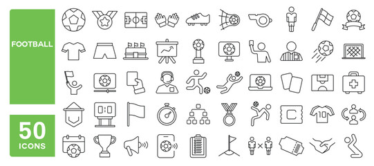 Set of 50 line icons related to football, soccer, player, team, stadium, referee, goal, trophy, goalkeeper, kick, flag, cards, Editable stroke. Vector illustration