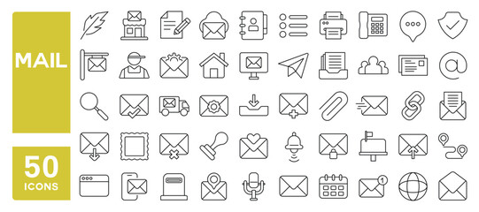 Set of 50 line icons related to mail, envelope, email, inbox, post, office, message, notification, chat, communication, call, Editable stroke. Vector illustration