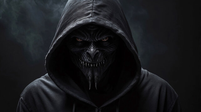 Dark evil scary hooded beast on dark background. Monster of fear and horror.