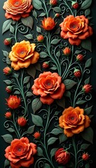 Fototapeta premium Ornate floral pattern with intricate swirling designs, featuring vibrant colors like orange, red, and green on a black background, rendered in 3D 