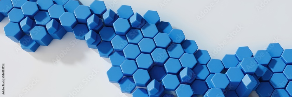 Poster matte surface with blue hexagon honeycomb shapes in random motion on a white background. vibrant 3d 