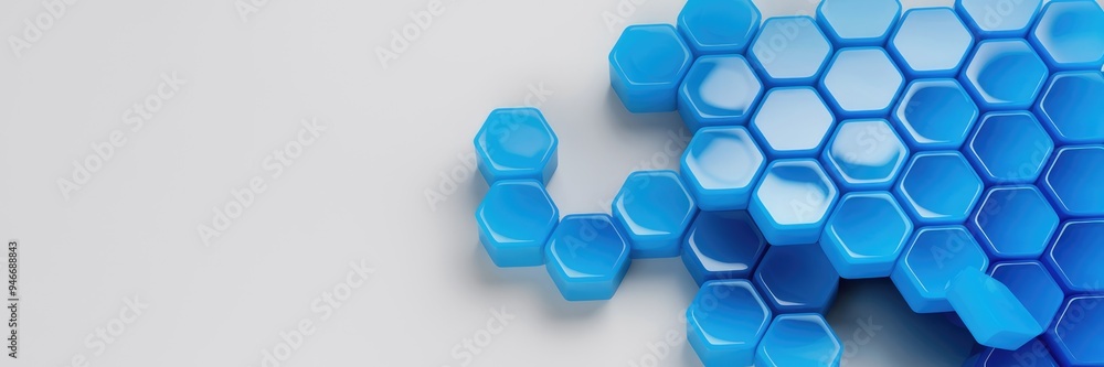 Poster matte surface with blue hexagon honeycomb shapes in random motion on a white background. vibrant 3d 
