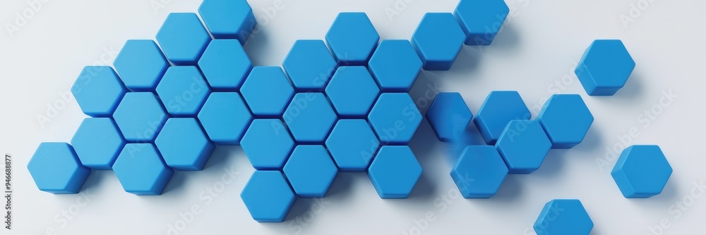 Poster matte surface with blue hexagon honeycomb shapes in random motion on a white background. vibrant 3d 