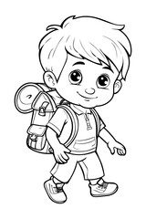 Coloring page for kids, a cute boy going to school with a backpack.