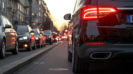 Fototapeta premium Endless Traffic Jam: A Long Line of Cars Stuck on the Highway Caused by a Construction Site Disrupting the Flow of Traffic Indefinitely