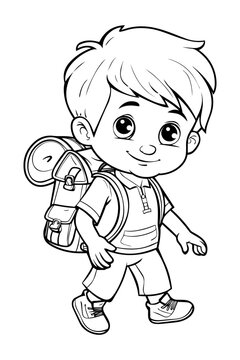 recommend clip art: Coloring page for kids, a cute boy going to school with a backpack.