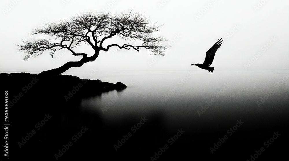 Poster a clear and concise description of the image would be foggy day over water with a flying bird and tr