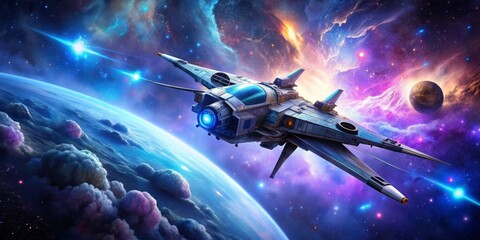 Fototapeta premium A Starship's Journey Through the Cosmic Nebula, Digital Painting, Spaceship flying past a planet with a glowing blue nebula in the background, space travel, galaxy, spaceship, nebula