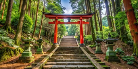 A Stone Stairway Leading to a Red Torii Gate in a Lush Forest, Wide Angle, Japan, Torii, Forest, Stairway