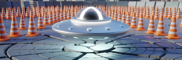 Silver UFO Surrounded by Construction Cones and Barriers - 3D Illustration