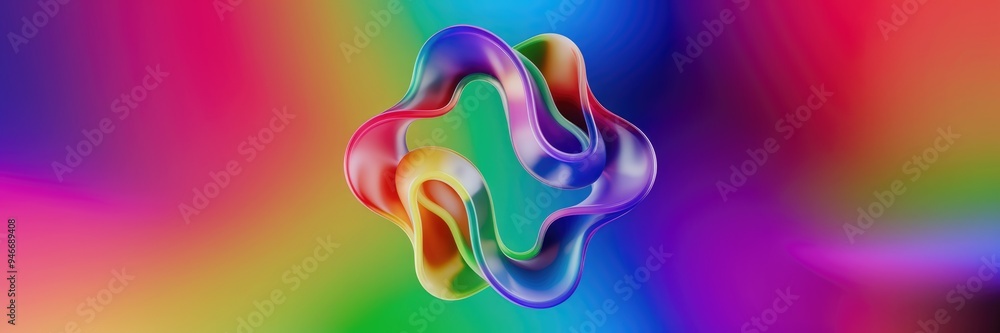 Poster vibrant abstract symbol representing diversity, with flowing rainbow waves set against a colorful di