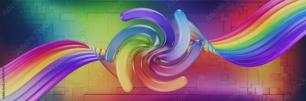Poster vibrant abstract symbol representing diversity, with flowing rainbow waves set against a colorful di