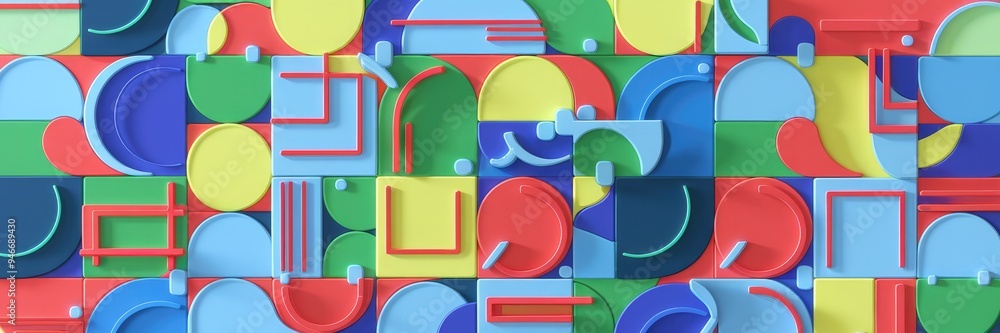 Poster vibrant background featuring colorful geometric shapes, including circles and squares, with red line
