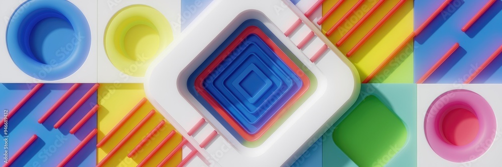 Poster vibrant background featuring colorful geometric shapes, including circles and squares, with red line