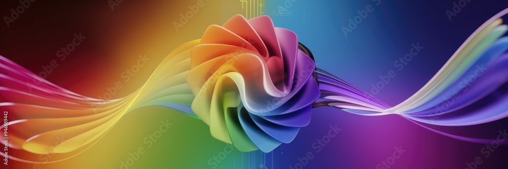 Poster vibrant abstract symbol representing diversity, with flowing rainbow waves set against a colorful di