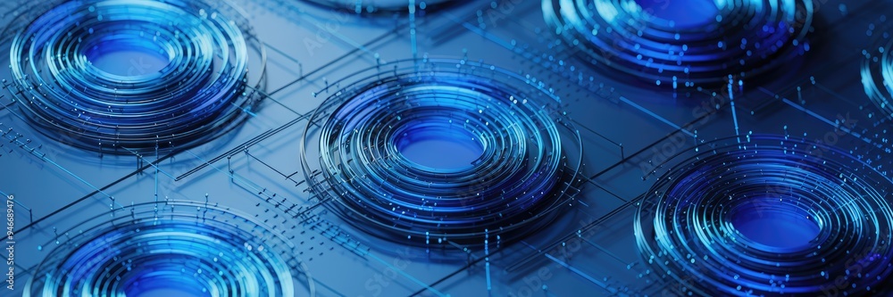 Poster vibrant blue technology background featuring linear circular designs. concept of innovation and tech