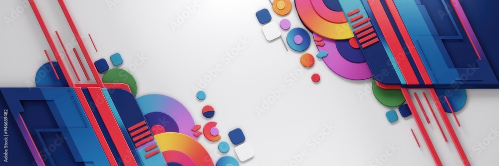 Poster vibrant background featuring colorful geometric shapes, including circles and squares, with red line